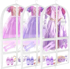 Dance Garment Bags for Dancers 3 Pack, 40" Clear PVC Costume Bags with 5 Zipper Pockets, Foldable Kids Garment Bags for Dance Competitions, Travel, Clothes Storage