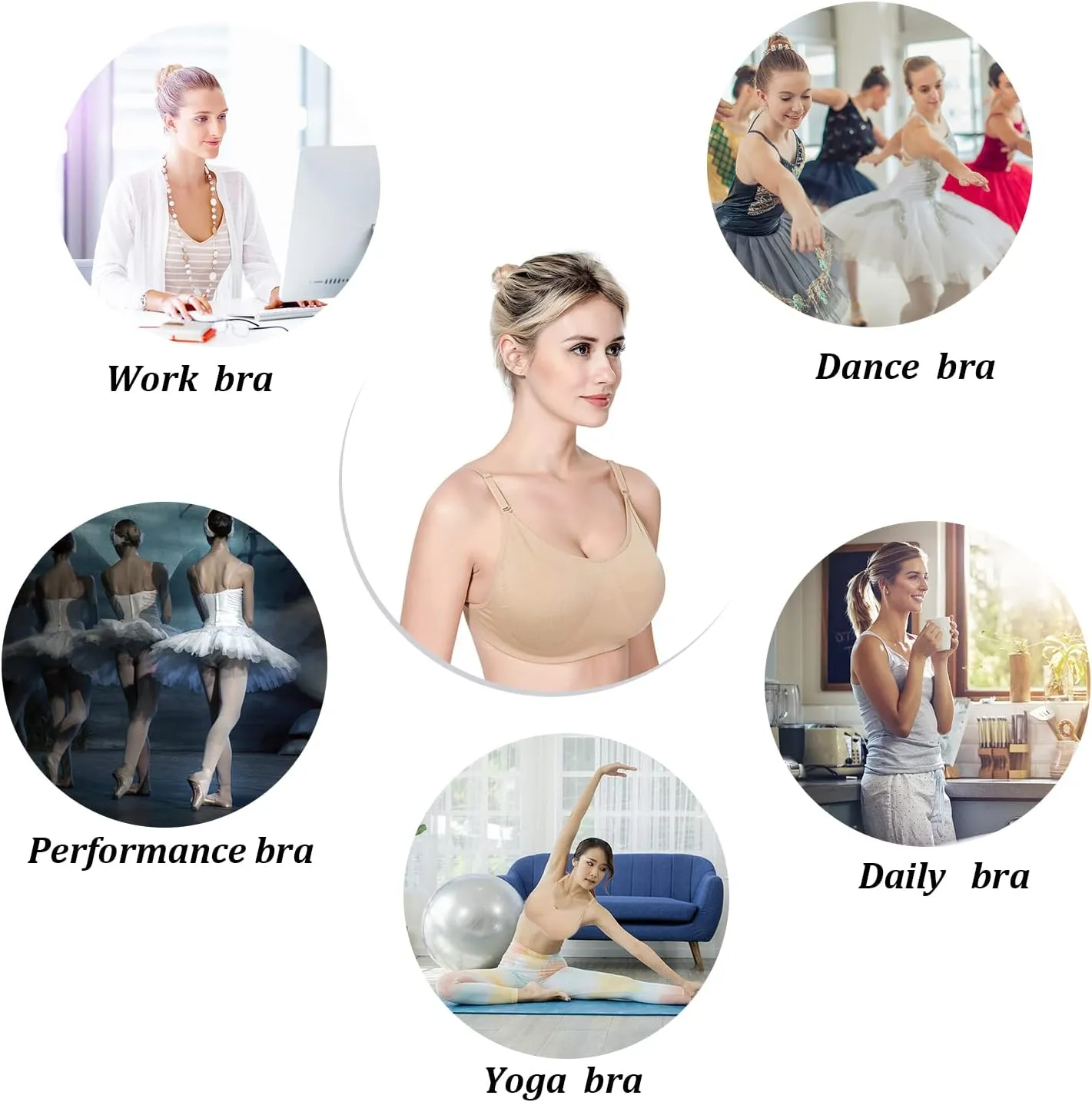 DANSHOW Women and Girls Professional Nude Dance Ballet Bras with Clear Convertible Straps