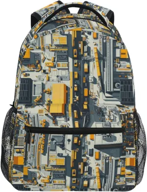Day Backpack for Teenager Fashion Backpack With Water Bottle Pocket with Chest Strap for Business Work College Travel Trip Construction Scene Build Tall Buildings Bulldozer