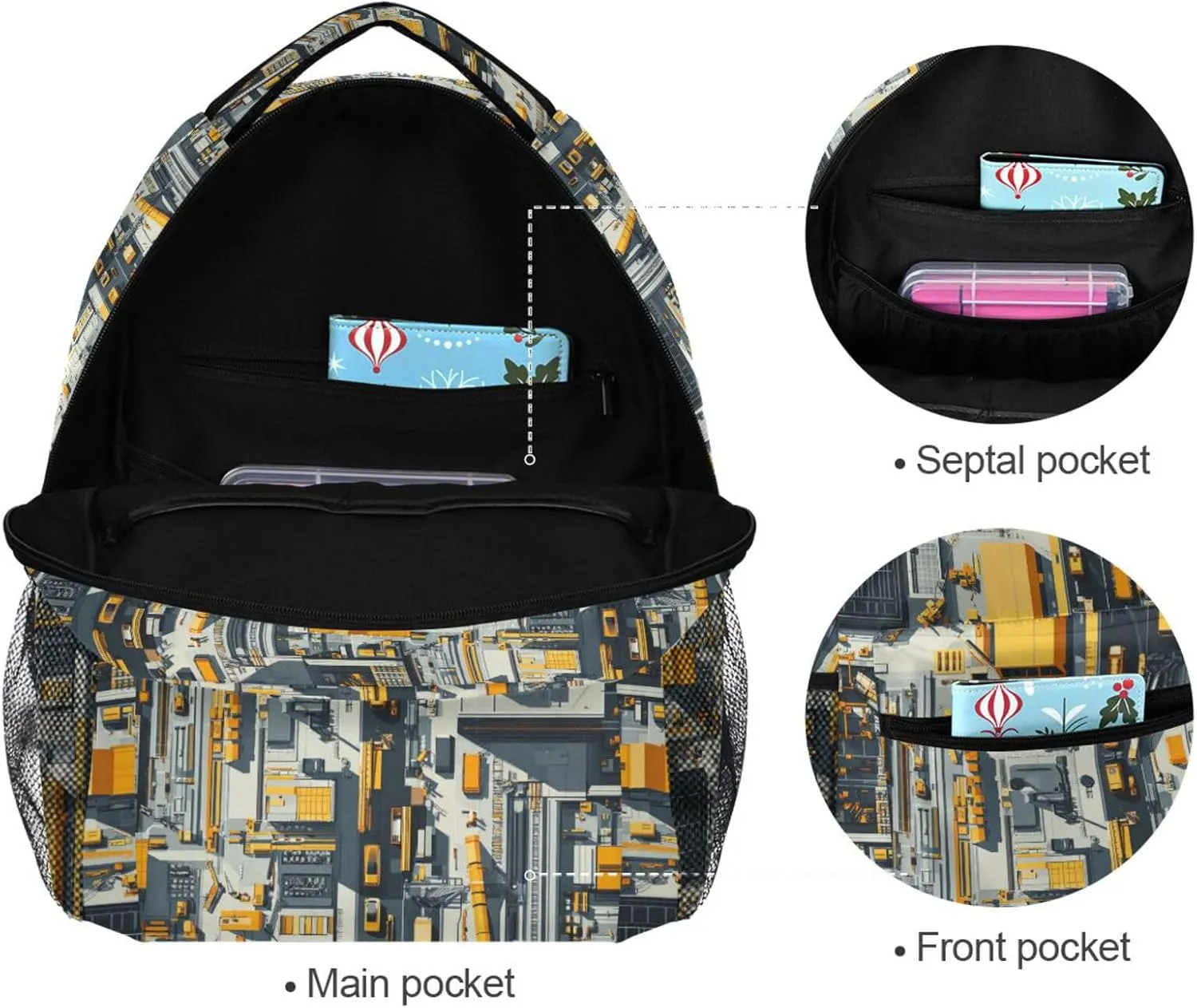 Day Backpack for Teenager Fashion Backpack With Water Bottle Pocket with Chest Strap for Business Work College Travel Trip Construction Scene Build Tall Buildings Bulldozer