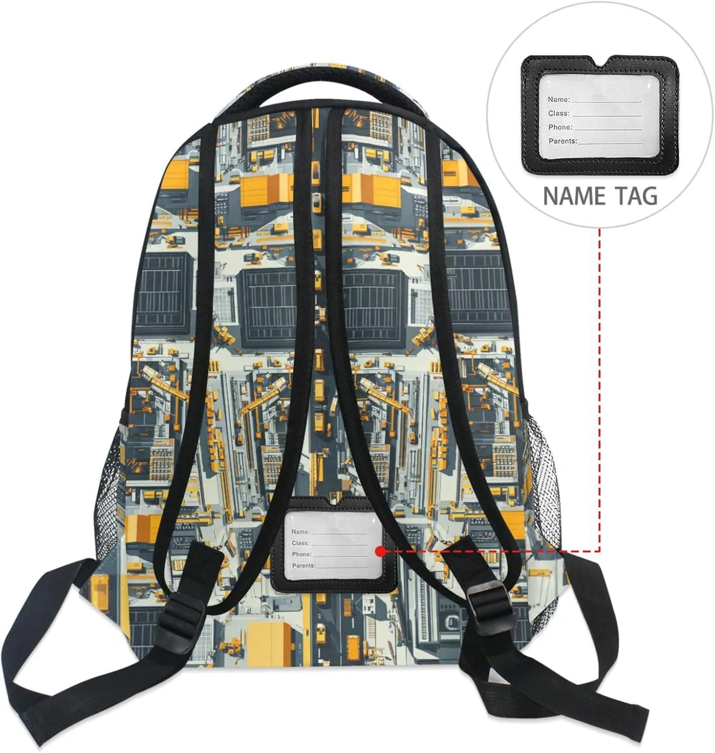Day Backpack for Teenager Fashion Backpack With Water Bottle Pocket with Chest Strap for Business Work College Travel Trip Construction Scene Build Tall Buildings Bulldozer