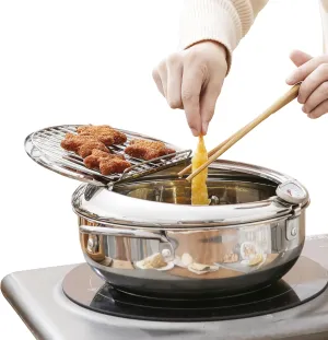 Deep Fryer Pot (°C), 11"/4.4Qt (4.2 L) Extra Large Tempura Frying Pot with Lid, 304 Stainless Steel Fry Pot with Temperature Control and Oil Drip Drain Rack