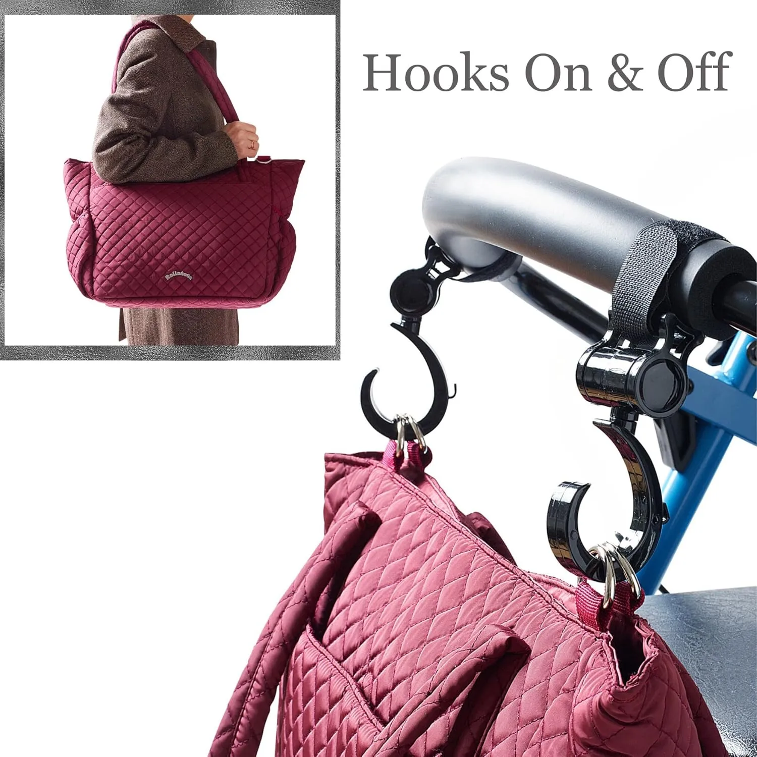 Delight Handmade Quilted Tote Bag with Large Insulated Compartment for Walkers, Rollators, Wheelchairs, Easily Hooks On & Off, with Bottle Holders, Glasses Pocket, Secure Pockets (Burgundy)