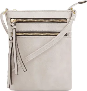 DELUXITY | Crossbody Purse Bag | Functional Multi Pocket Double Zipper Purse | Adjustable Strap | Medium Size Purse | Beige