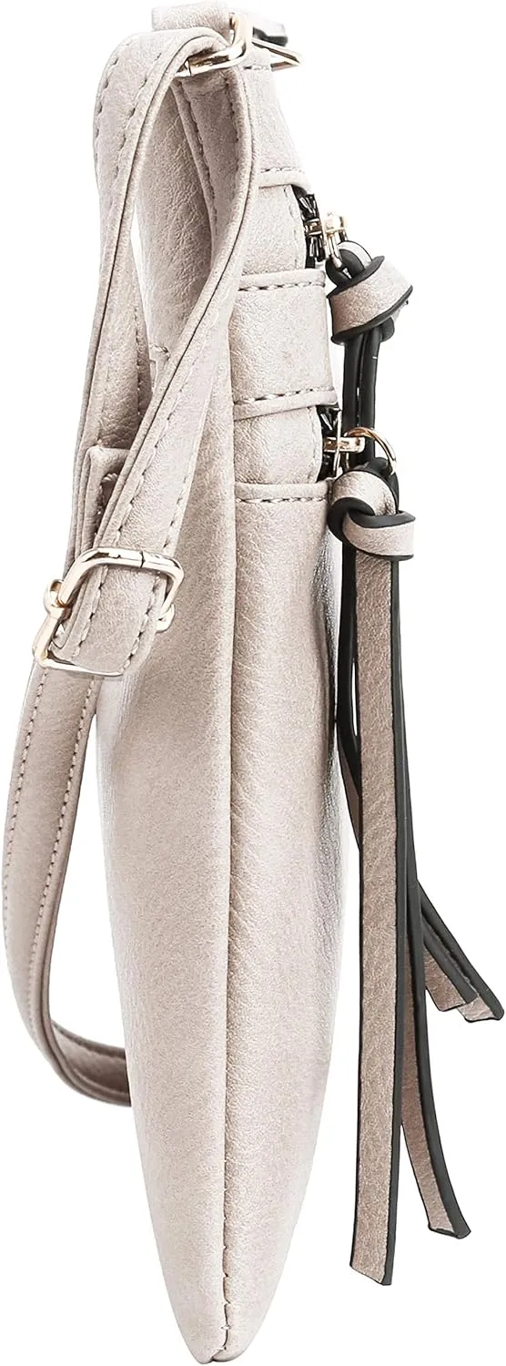 DELUXITY | Crossbody Purse Bag | Functional Multi Pocket Double Zipper Purse | Adjustable Strap | Medium Size Purse | Beige