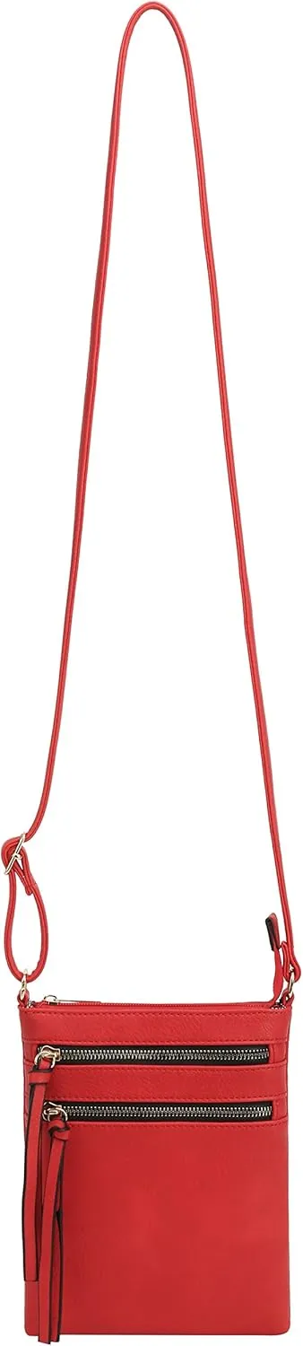 DELUXITY | Crossbody Purse Bag | Functional Multi Pocket Double Zipper Purse | Adjustable Strap | Medium Size Purse | Red