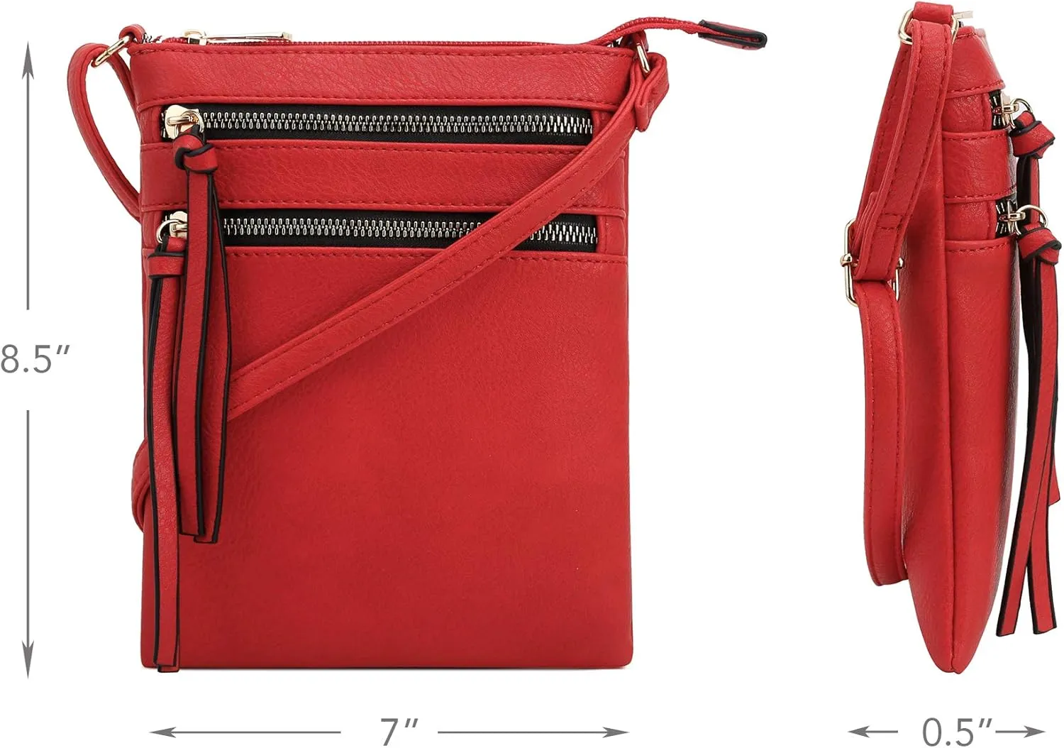 DELUXITY | Crossbody Purse Bag | Functional Multi Pocket Double Zipper Purse | Adjustable Strap | Medium Size Purse | Red