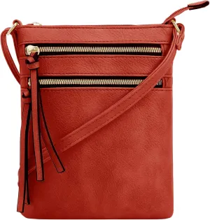 DELUXITY | Crossbody Purse Bag | Functional Multi Pocket Double Zipper Purse | Adjustable Strap | Medium Size Purse | Red
