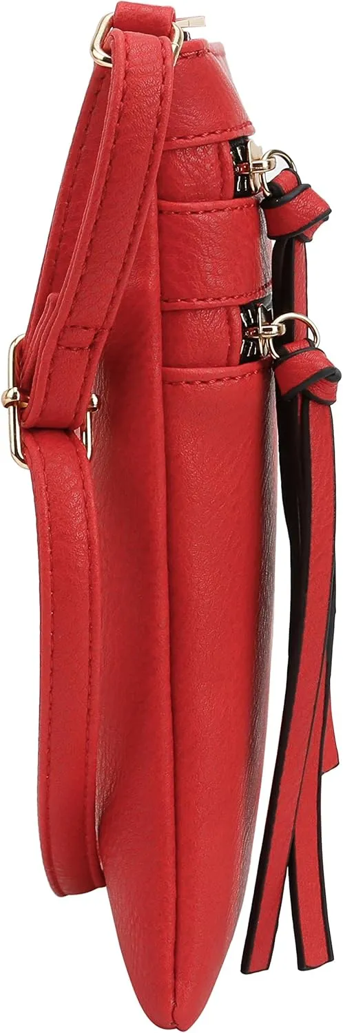 DELUXITY | Crossbody Purse Bag | Functional Multi Pocket Double Zipper Purse | Adjustable Strap | Medium Size Purse | Red