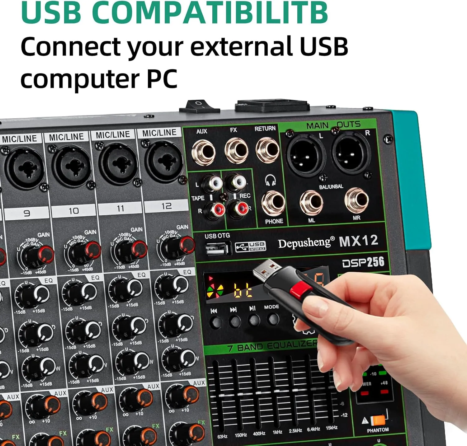 Depusheng MX12 12 Channel Sound Mixer Audio Mixing Console 48V 256DSP Professional USB PC Play Record Podcast Live Broadcast (US MX12)