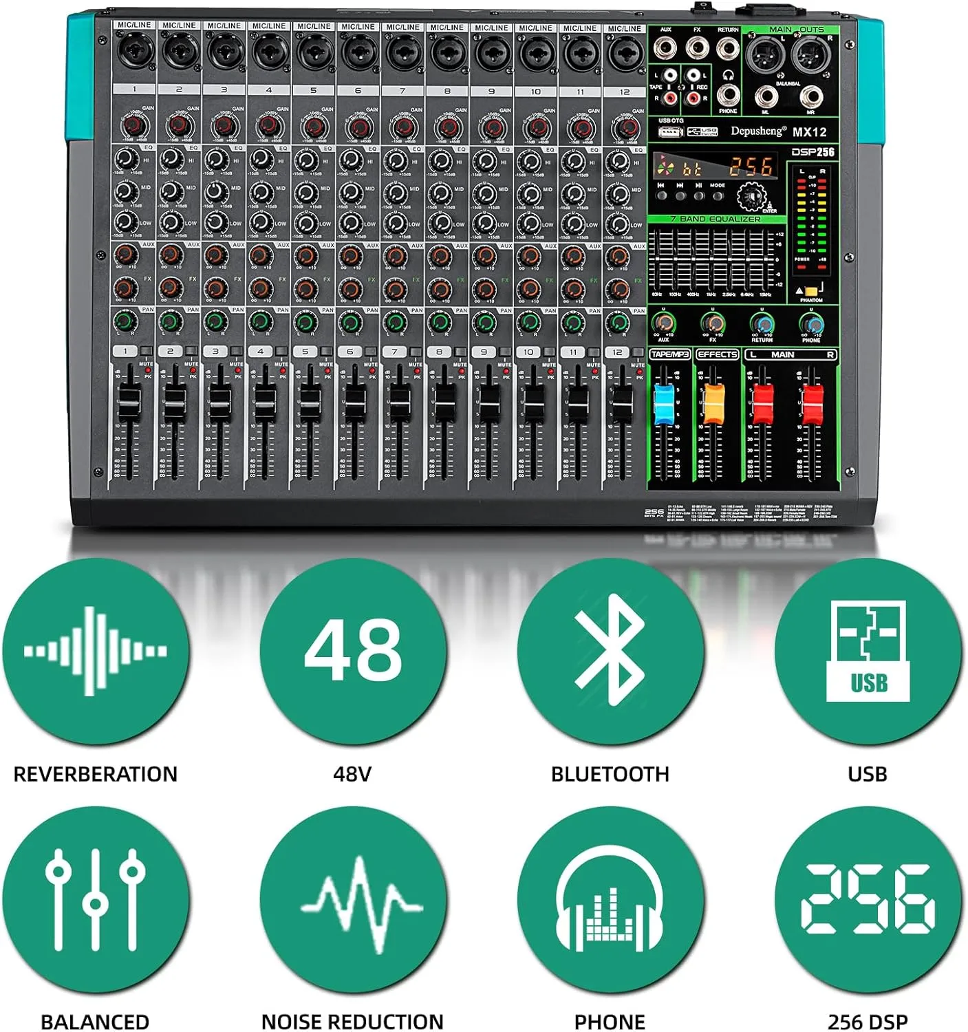 Depusheng MX12 12 Channel Sound Mixer Audio Mixing Console 48V 256DSP Professional USB PC Play Record Podcast Live Broadcast (US MX12)