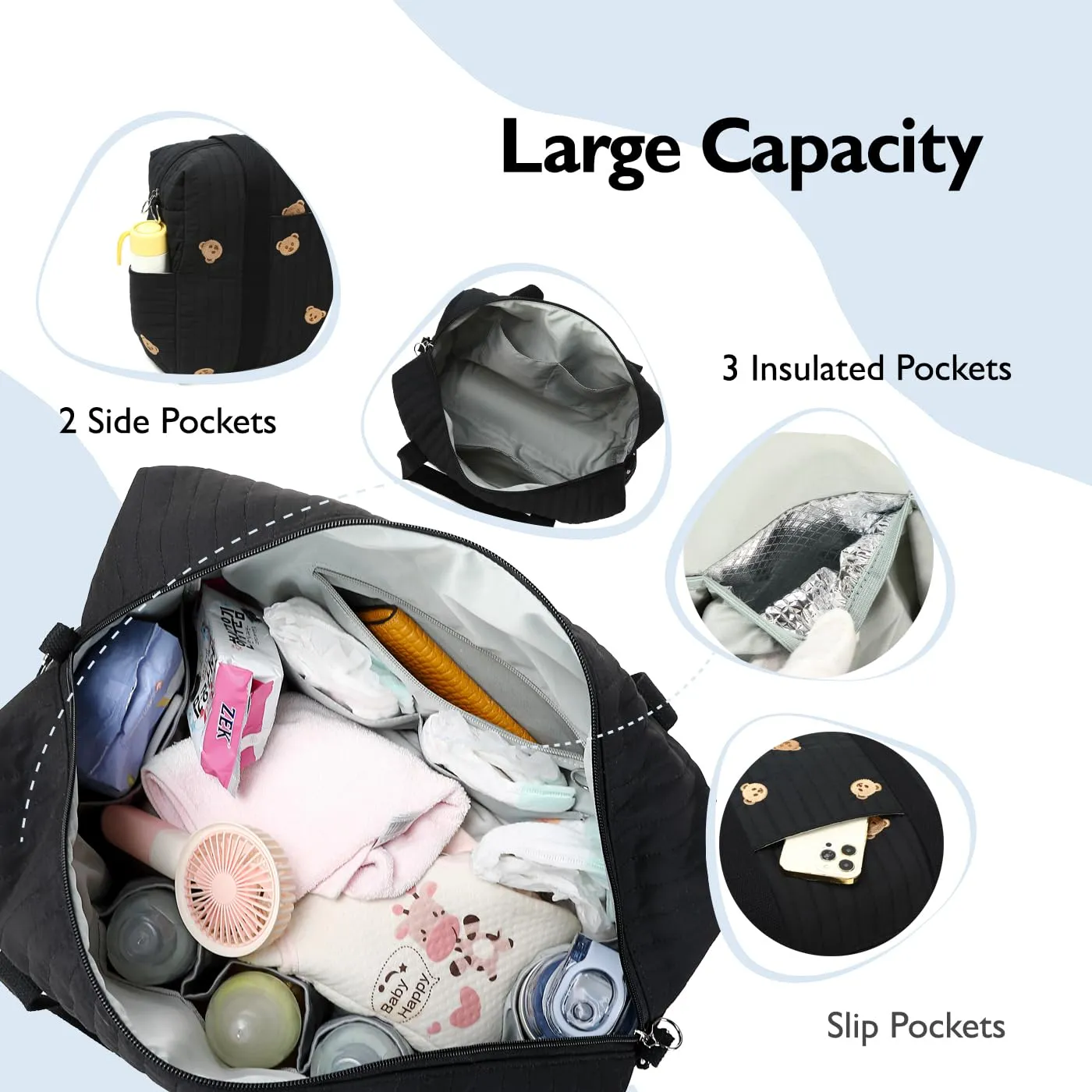 Diaper Bag Tote with Insulated Pockets and Stroller Hooks for Travel (Black-gold, Large)