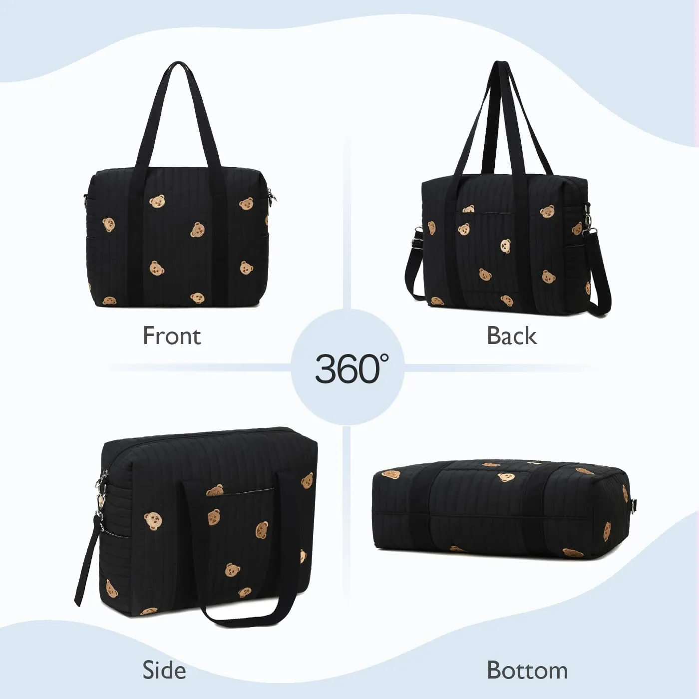 Diaper Bag Tote with Insulated Pockets and Stroller Hooks for Travel (Black-gold, Large)
