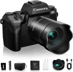 Digital Cameras for Photography, NIKICAM 4K 64MP WiFi Vlogging Camera for YouTube with 4" Touch Screen, Dual Camera, Flash, 32GB TF Card, Lens Hood & 3000mAH Battery-Black
