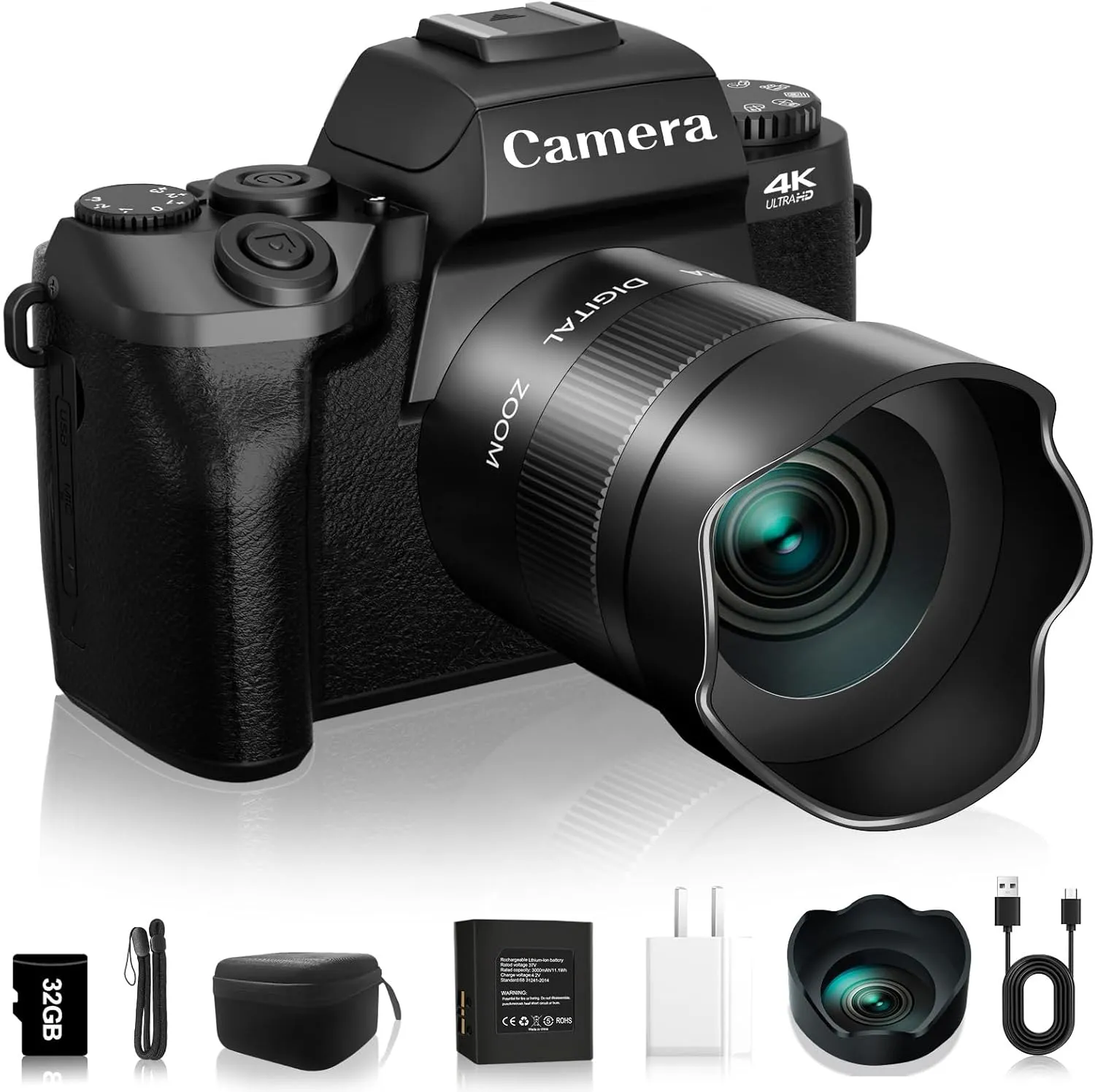 Digital Cameras for Photography, NIKICAM 4K 64MP WiFi Vlogging Camera for YouTube with 4" Touch Screen, Dual Camera, Flash, 32GB TF Card, Lens Hood & 3000mAH Battery-Black