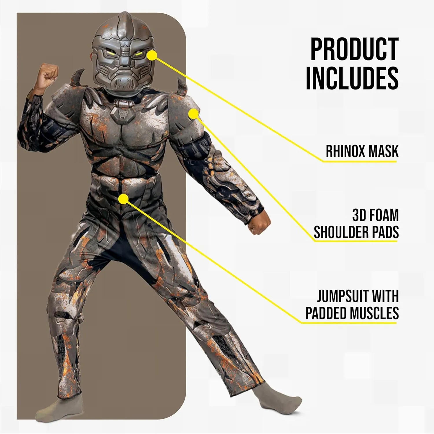 Disguise Rhinox Transformers Costume for Kids, Official Transformers Rise of the Beasts Muscle Padded Costume and Mask