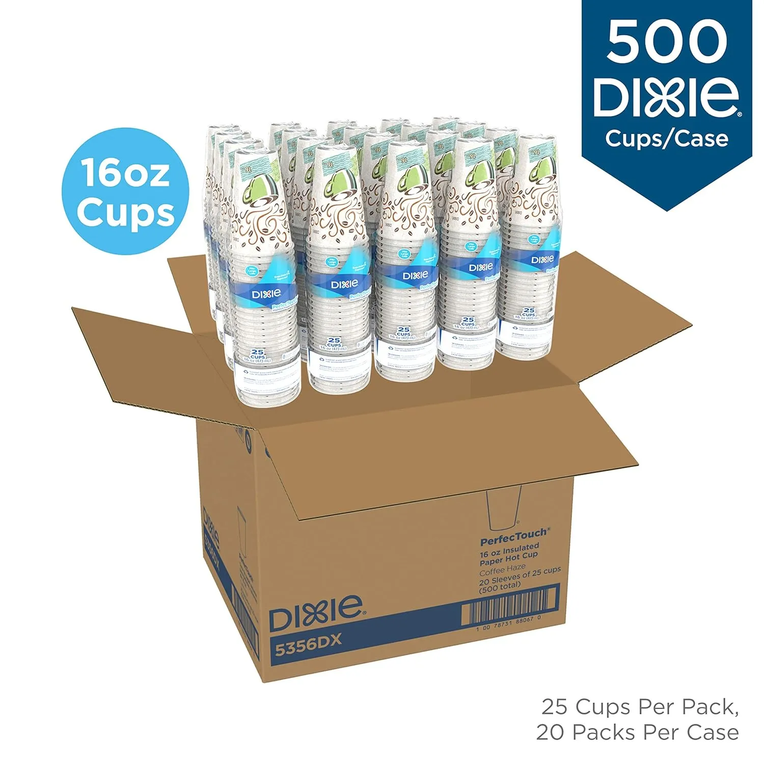 Dixie PerfecTouch 16 oz. Insulated Paper Hot Coffee Cup by GP PRO (Georgia-Pacific), Coffee Haze, 5356DX, 500 Count (25 Cups Per Sleeve, 20 Sleeves Per Case), Coffee Haze Design