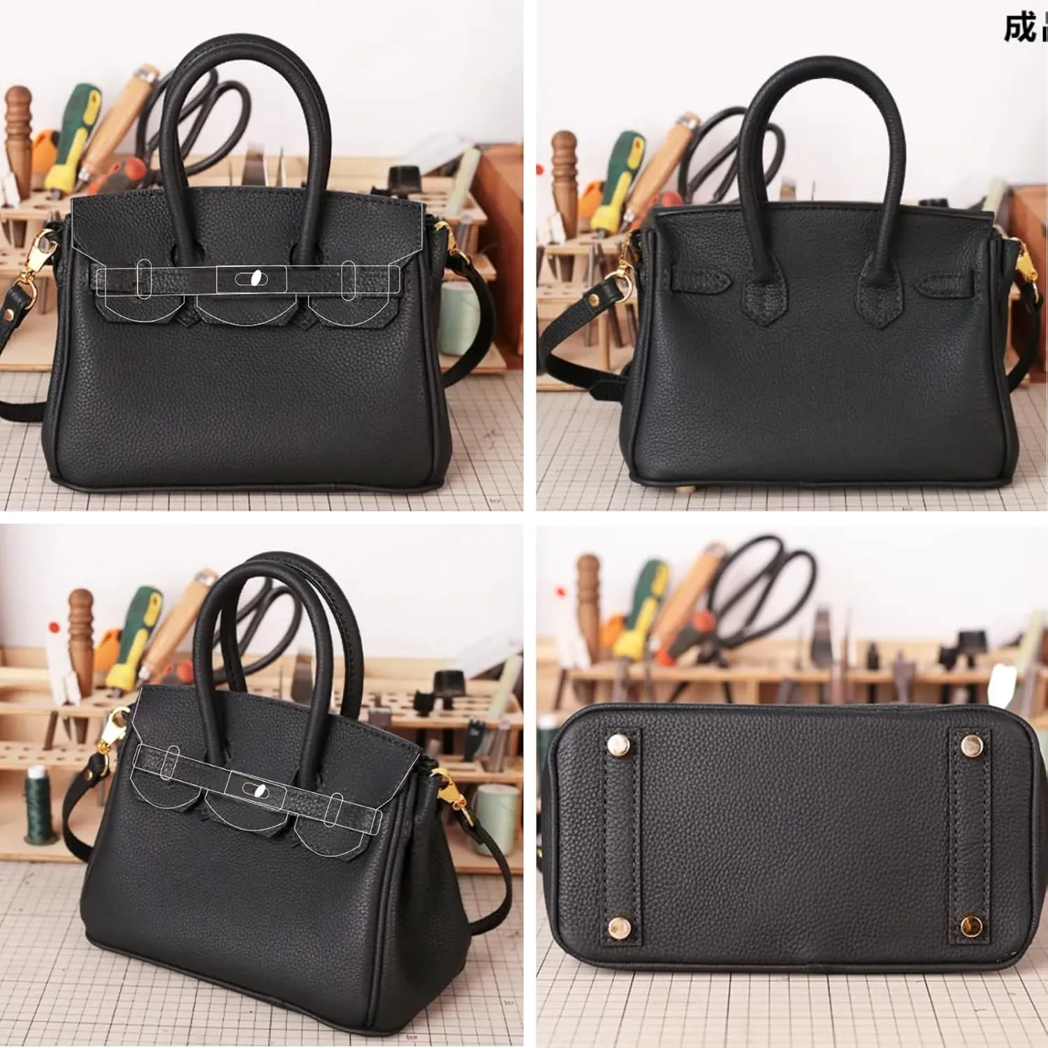 DIY Full-Grain Leather Crossbody Bag Kit, Personalized Designer Handbag for Women, Perfect Holiday Gift, Handmade Shoulder Bag Sewing Kit for Ladies. (Black)