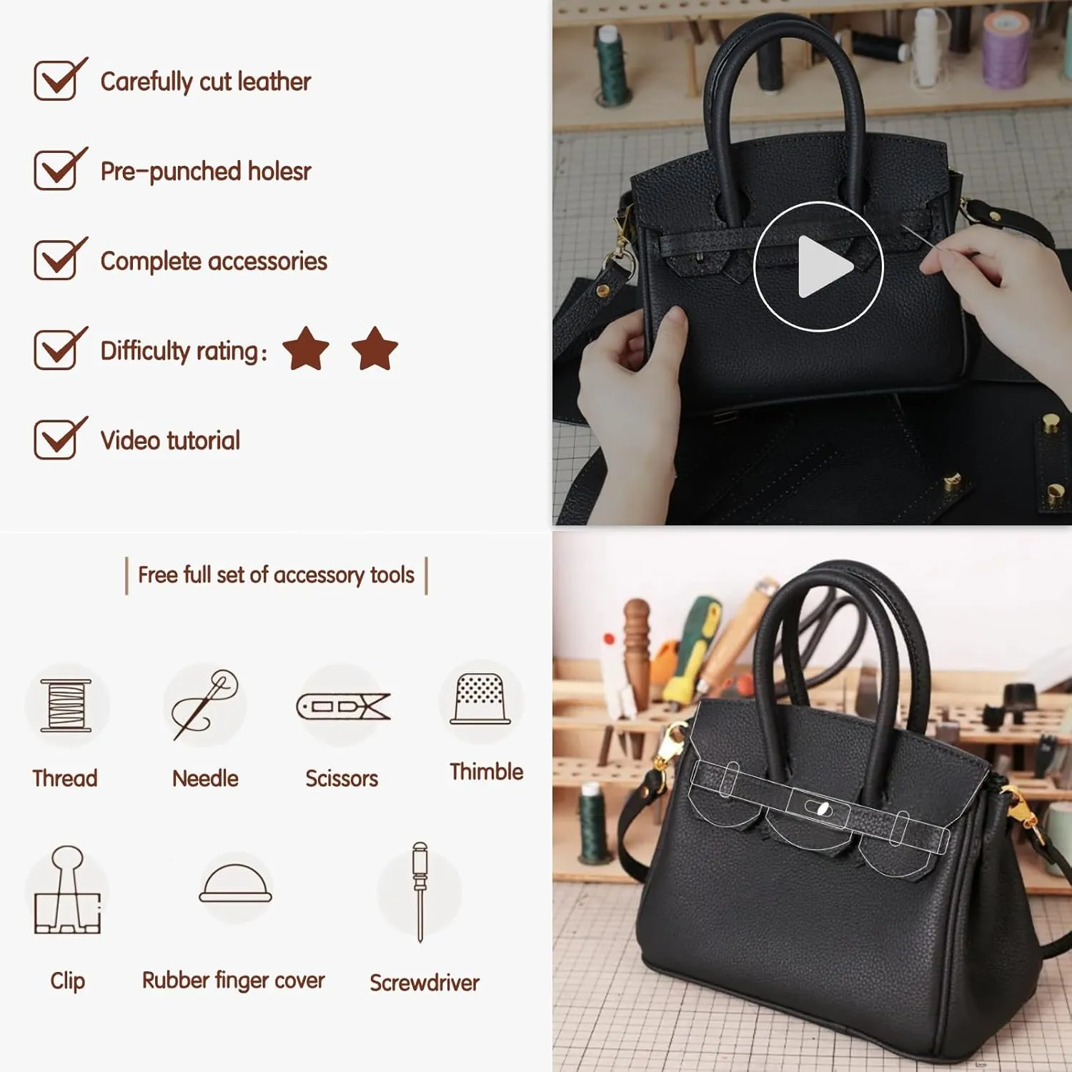 DIY Full-Grain Leather Crossbody Bag Kit, Personalized Designer Handbag for Women, Perfect Holiday Gift, Handmade Shoulder Bag Sewing Kit for Ladies. (Black)