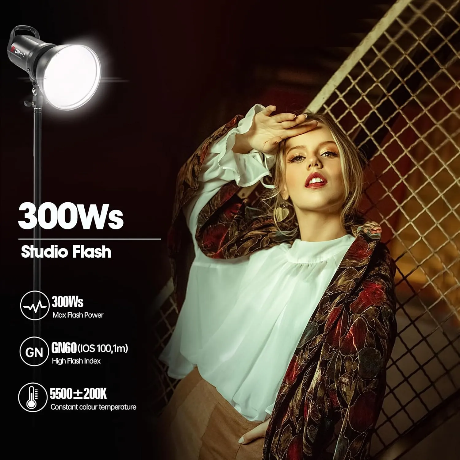 DMII-3 300W Studio Flash 5500K±200K 2.4G Wireless Strobe Flash Light Monlight with 15W LED Modeling Light，Bowens Mount,0.1～1.8S Recycle Time Easycap Mode,for Studio Portrait Commerce Photography