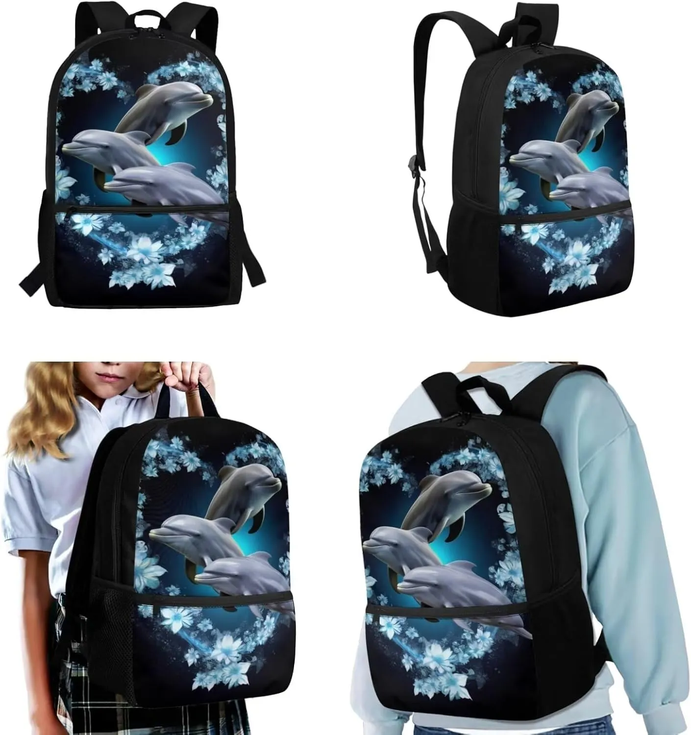 Dolphin School Backpack Set Cute Bookbags for Girls Middle School Bag with Lunch Box Pencil Case Set of 3 Elementary Preschool Back Packs Satchel for Child Boys School Supplies