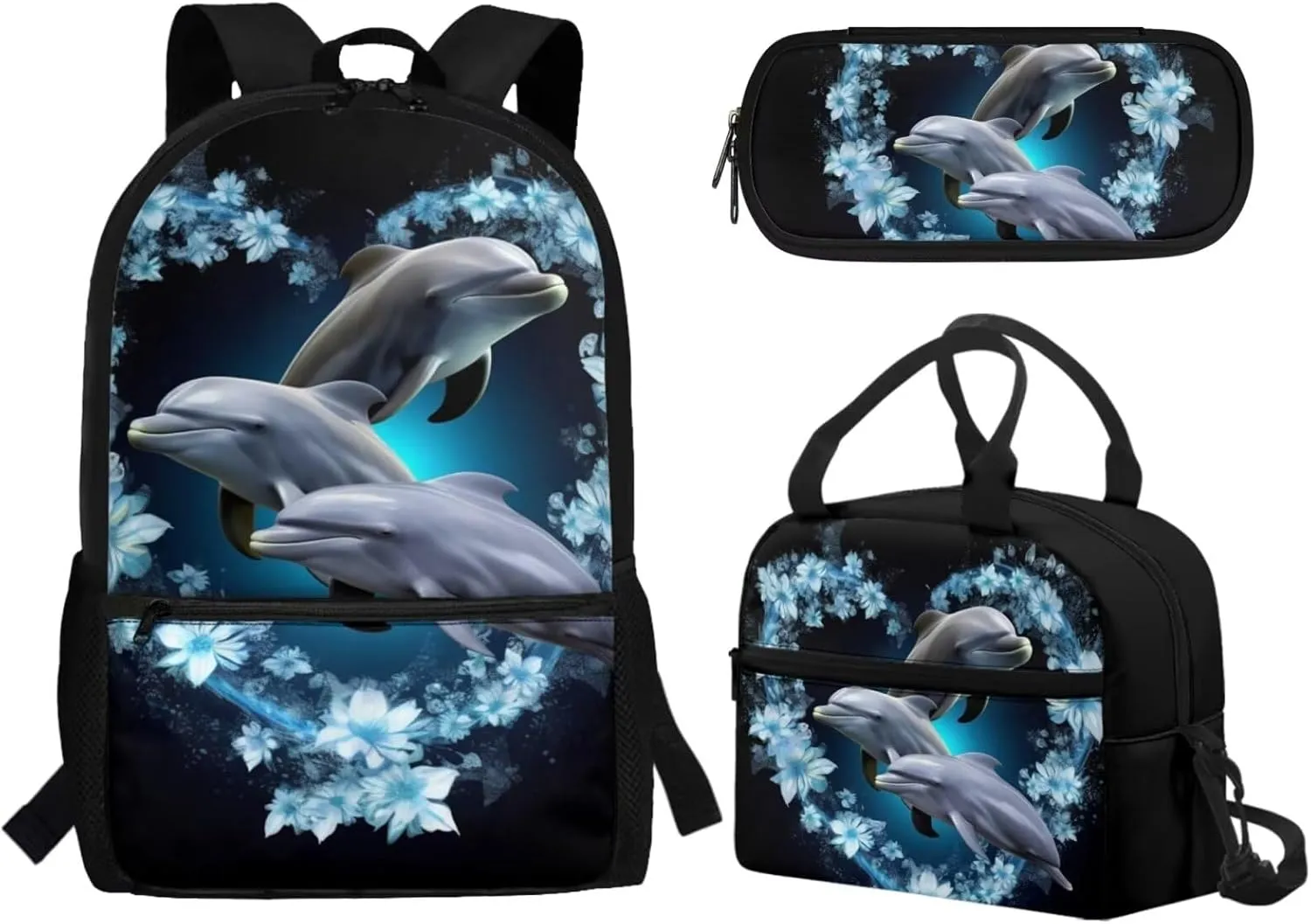 Dolphin School Backpack Set Cute Bookbags for Girls Middle School Bag with Lunch Box Pencil Case Set of 3 Elementary Preschool Back Packs Satchel for Child Boys School Supplies