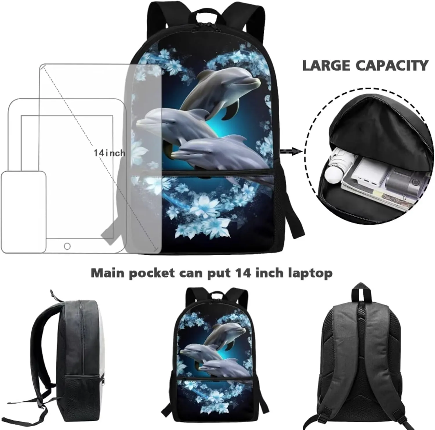 Dolphin School Backpack Set Cute Bookbags for Girls Middle School Bag with Lunch Box Pencil Case Set of 3 Elementary Preschool Back Packs Satchel for Child Boys School Supplies
