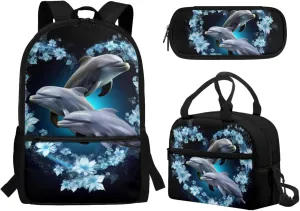 Dolphin School Backpack Set Cute Bookbags for Girls Middle School Bag with Lunch Box Pencil Case Set of 3 Elementary Preschool Back Packs Satchel for Child Boys School Supplies