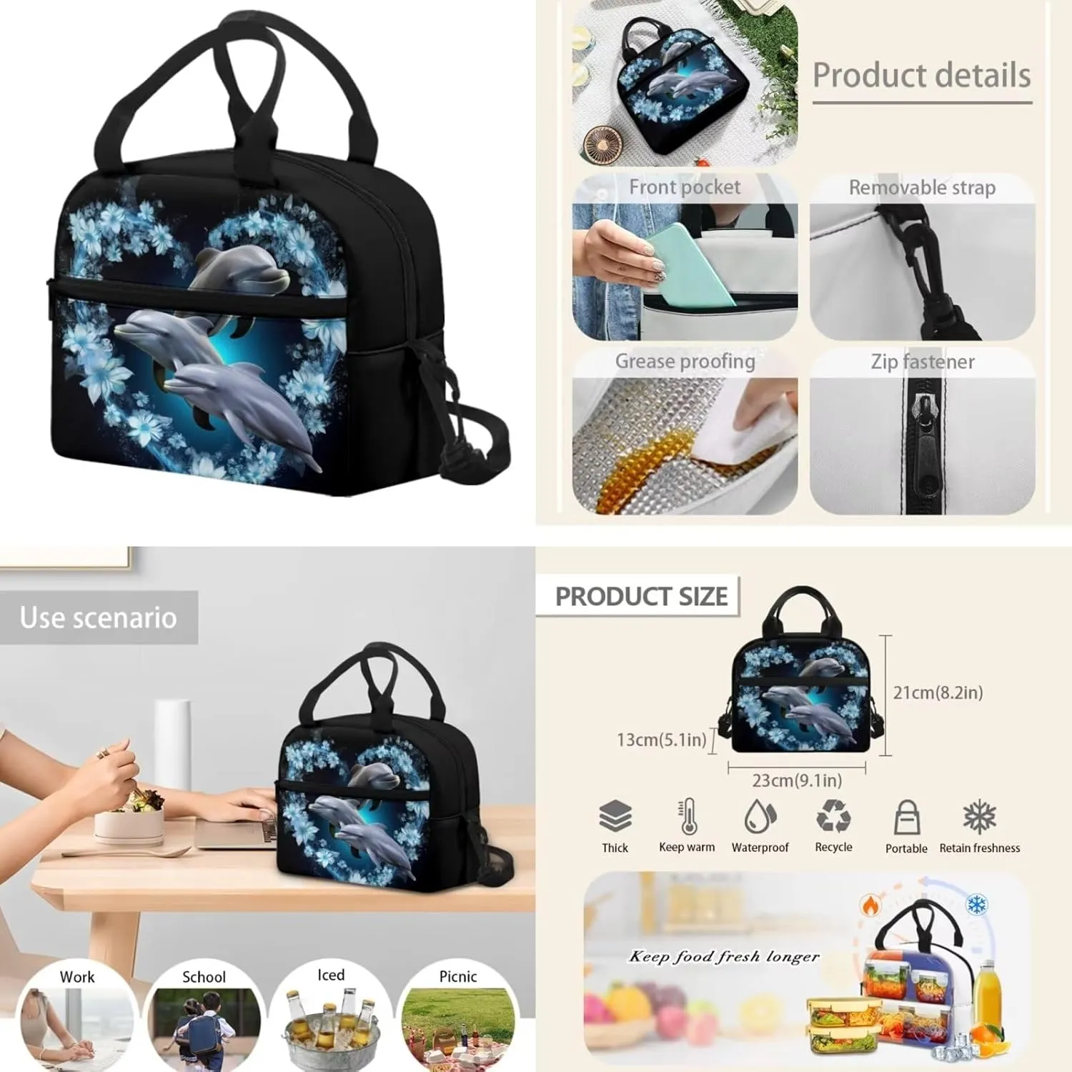 Dolphin School Backpack Set Cute Bookbags for Girls Middle School Bag with Lunch Box Pencil Case Set of 3 Elementary Preschool Back Packs Satchel for Child Boys School Supplies