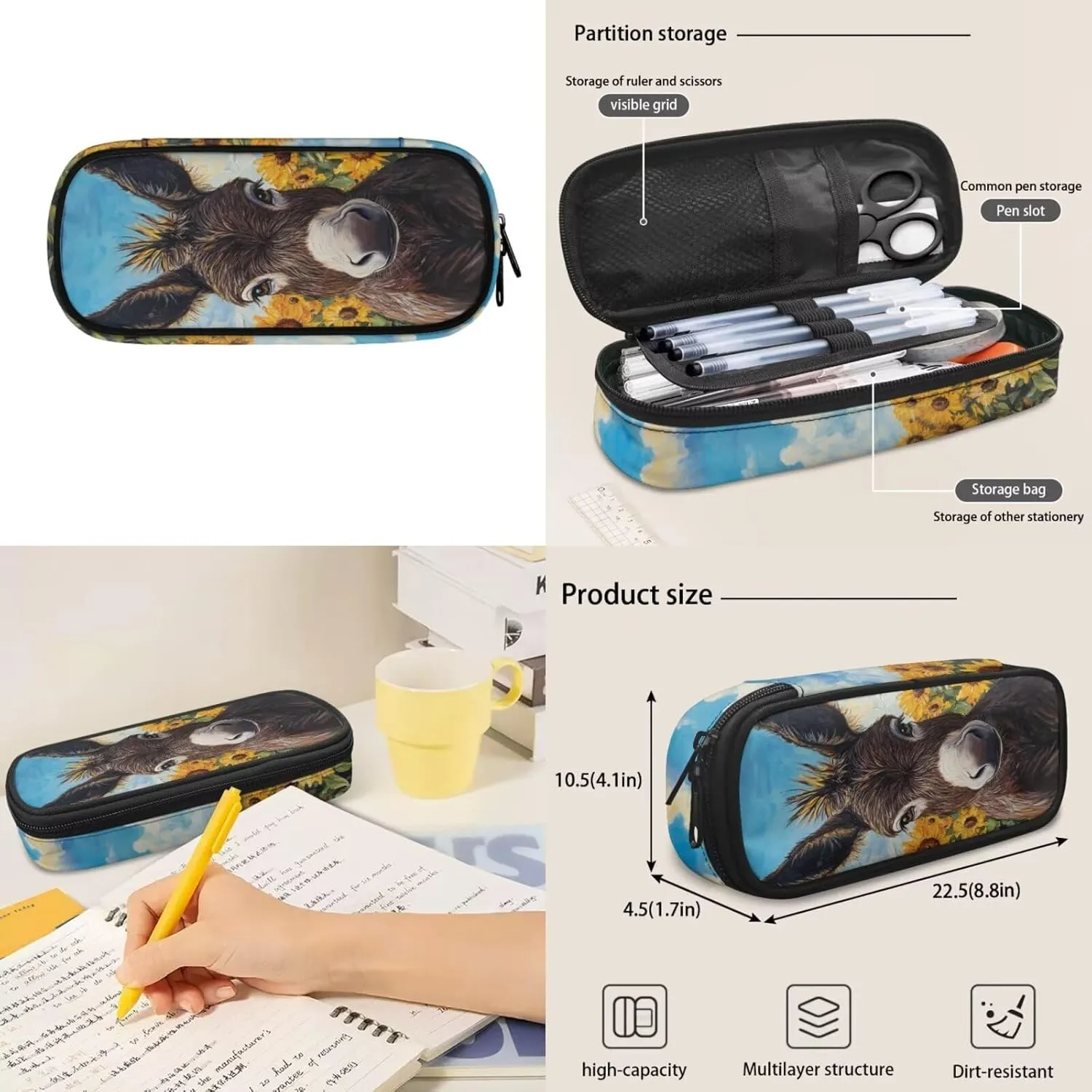 Donkey Boys Backpack with Lunch Box 3-5 5-7 Sunflower Bookbag Lunch Bag Pencil Pen Case Back to School Bag Kids Book Bag 3 In 1 Student Daycare Satchel Bag