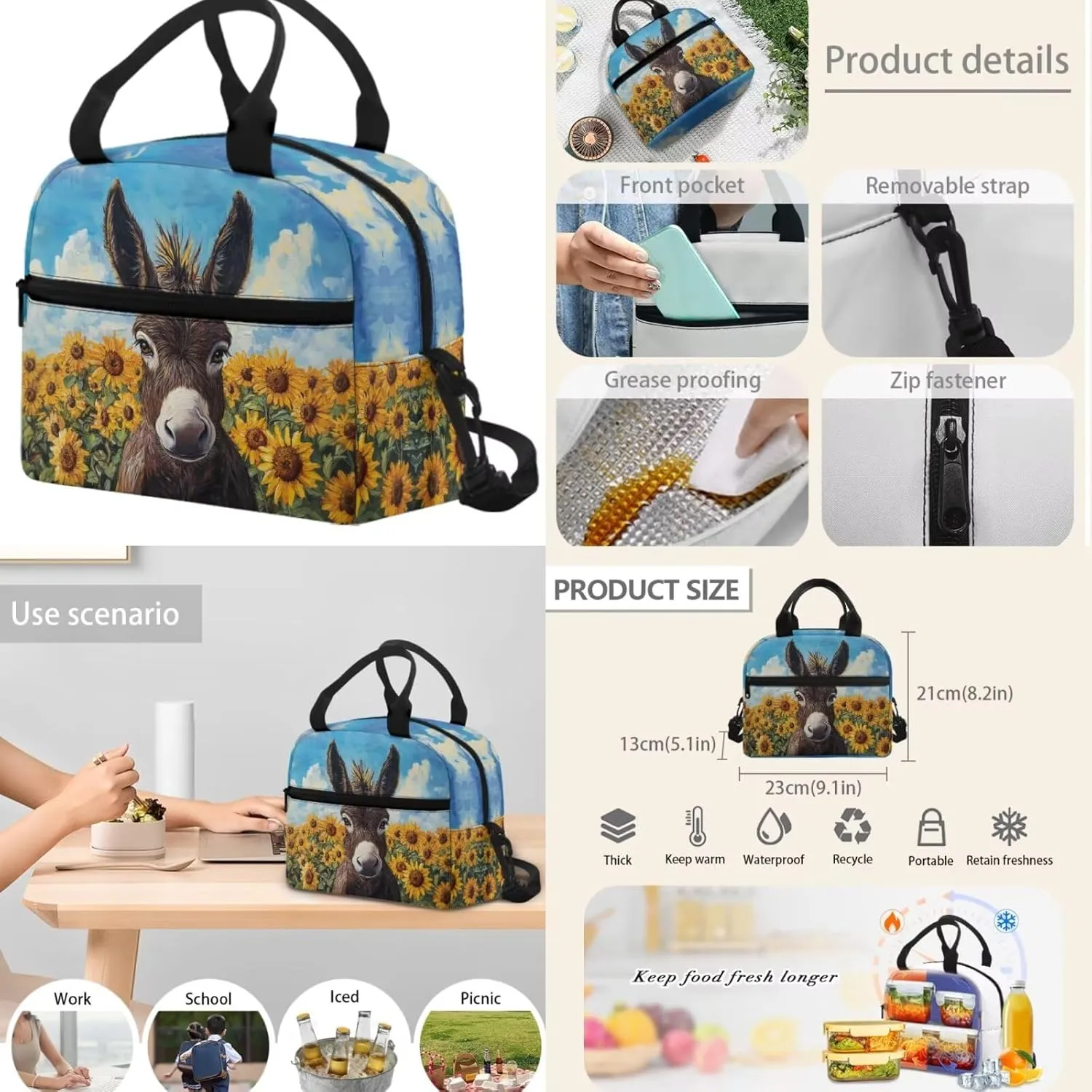 Donkey Boys Backpack with Lunch Box 3-5 5-7 Sunflower Bookbag Lunch Bag Pencil Pen Case Back to School Bag Kids Book Bag 3 In 1 Student Daycare Satchel Bag