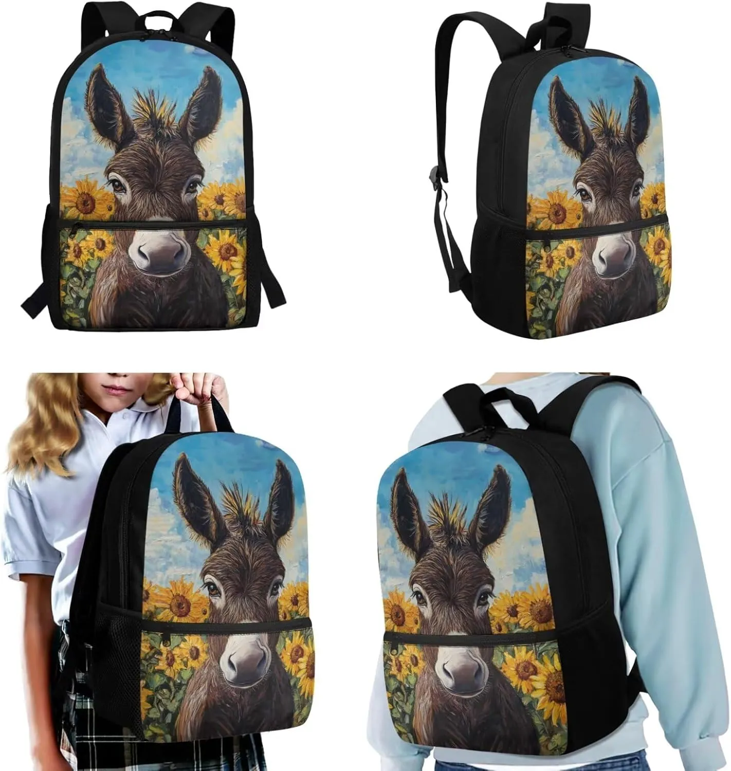 Donkey Boys Backpack with Lunch Box 3-5 5-7 Sunflower Bookbag Lunch Bag Pencil Pen Case Back to School Bag Kids Book Bag 3 In 1 Student Daycare Satchel Bag