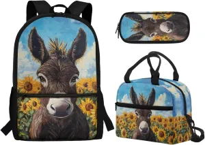 Donkey Boys Backpack with Lunch Box 3-5 5-7 Sunflower Bookbag Lunch Bag Pencil Pen Case Back to School Bag Kids Book Bag 3 In 1 Student Daycare Satchel Bag
