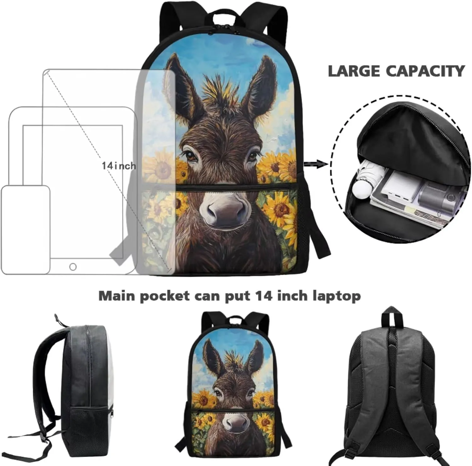 Donkey Boys Backpack with Lunch Box 3-5 5-7 Sunflower Bookbag Lunch Bag Pencil Pen Case Back to School Bag Kids Book Bag 3 In 1 Student Daycare Satchel Bag