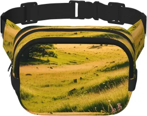 Double Layer Waist Bag for Men & Women,Adjustable Waterproof Running Belt,Multi-Functional Fanny Pack with Sunlit Meadows Print for Travel,Hiking,Fitness