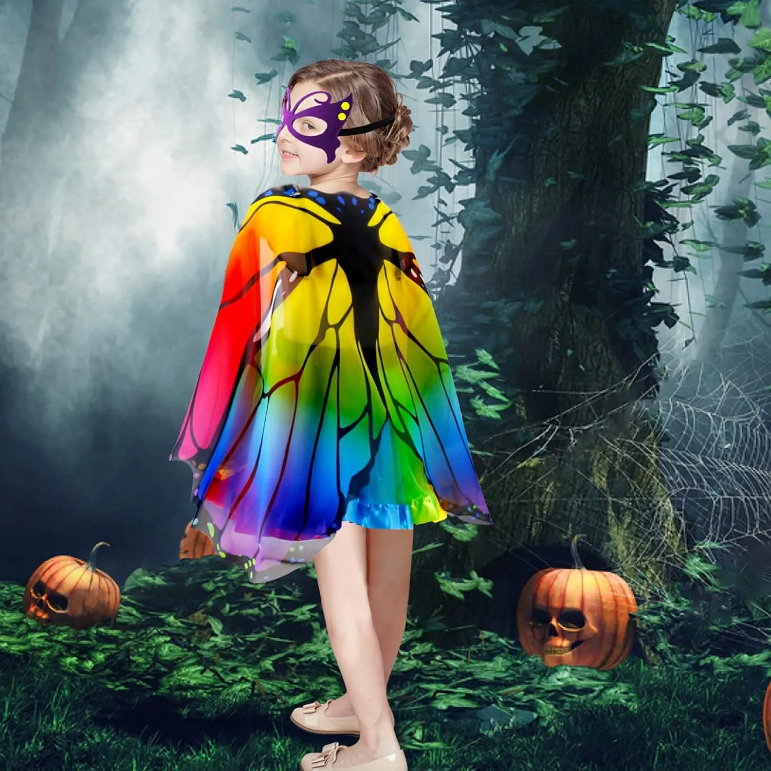 D.Q.Z Fairy Butterfly-Wings Costumes for Girls Dress Up with Rainbow Tutu Mask Headband Bug Play Toys for Kids Party Gifts