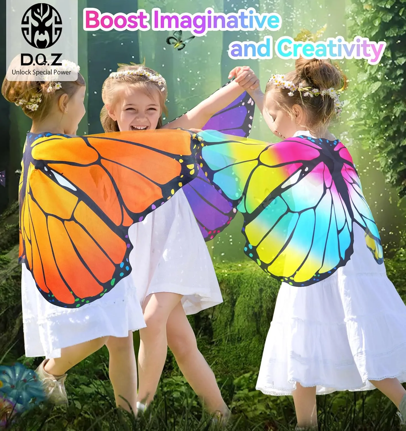 D.Q.Z Fairy Butterfly-Wings Costumes for Girls Dress Up with Rainbow Tutu Mask Headband Bug Play Toys for Kids Party Gifts