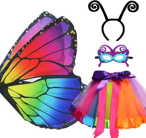 D.Q.Z Fairy Butterfly-Wings Costumes for Girls Dress Up with Rainbow Tutu Mask Headband Bug Play Toys for Kids Party Gifts