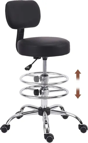 Drafting Chair with Backrest, Adjustable Foot Rest Height Rolling Stool with Wheels, Leather Swivel Work Shop Office Stools Chairs, Thick Seat Cushion Tall Kitchen Home Bar Stool - Black