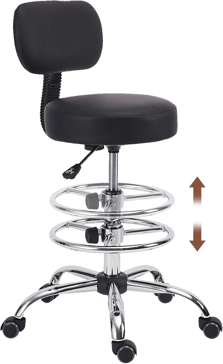 Drafting Chair with Backrest, Adjustable Foot Rest Height Rolling Stool with Wheels, Leather Swivel Work Shop Office Stools Chairs, Thick Seat Cushion Tall Kitchen Home Bar Stool - Black