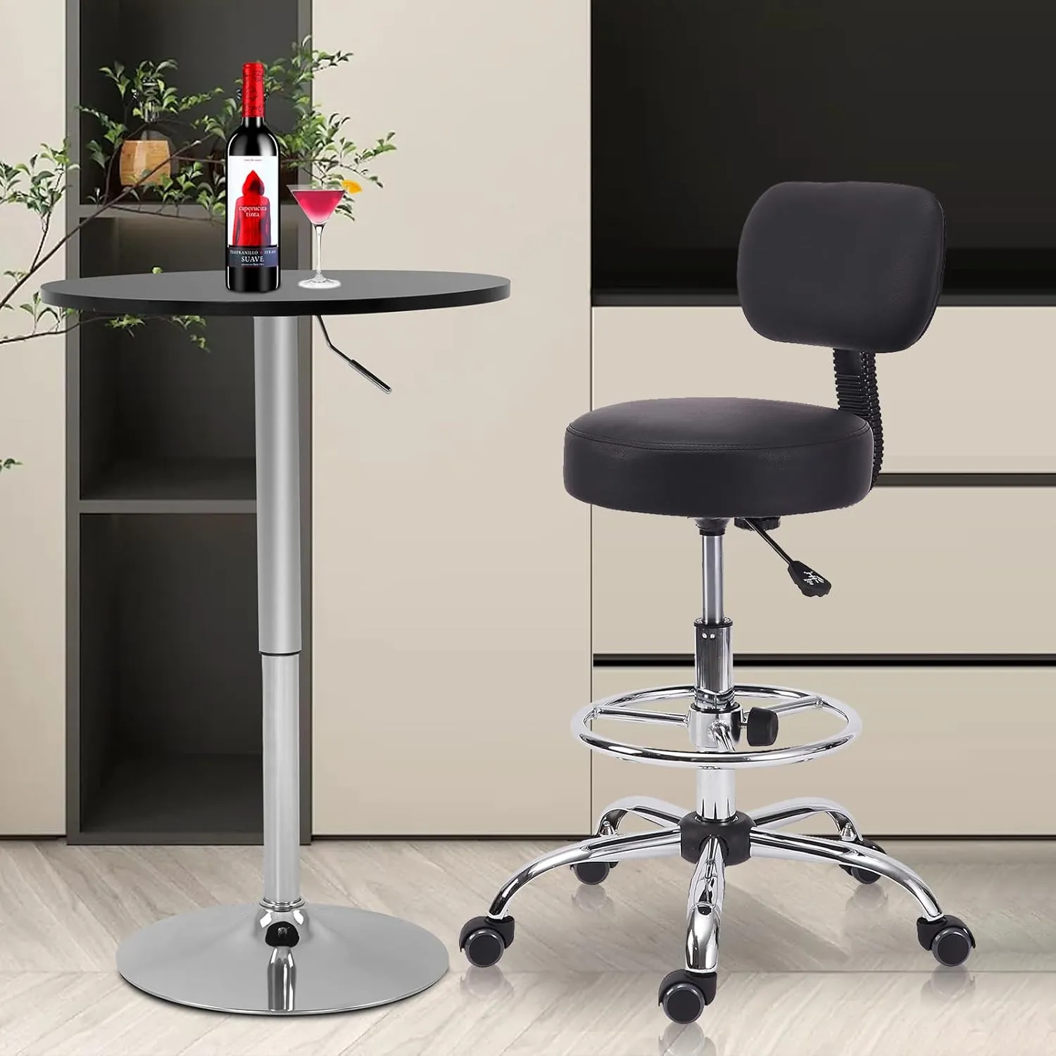 Drafting Chair with Backrest, Adjustable Foot Rest Height Rolling Stool with Wheels, Leather Swivel Work Shop Office Stools Chairs, Thick Seat Cushion Tall Kitchen Home Bar Stool - Black