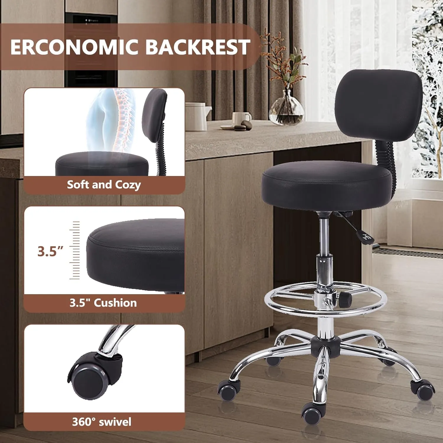 Drafting Chair with Backrest, Adjustable Foot Rest Height Rolling Stool with Wheels, Leather Swivel Work Shop Office Stools Chairs, Thick Seat Cushion Tall Kitchen Home Bar Stool - Black