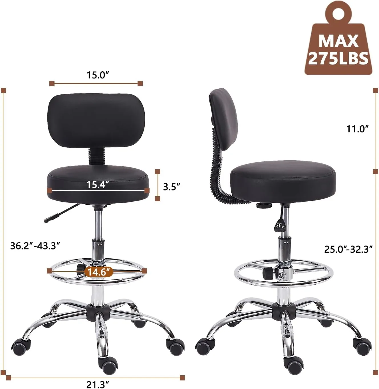 Drafting Chair with Backrest, Adjustable Foot Rest Height Rolling Stool with Wheels, Leather Swivel Work Shop Office Stools Chairs, Thick Seat Cushion Tall Kitchen Home Bar Stool - Black