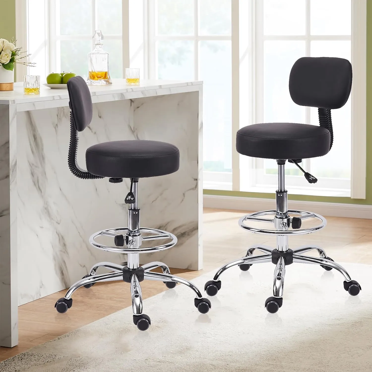 Drafting Chair with Backrest, Adjustable Foot Rest Height Rolling Stool with Wheels, Leather Swivel Work Shop Office Stools Chairs, Thick Seat Cushion Tall Kitchen Home Bar Stool - Black