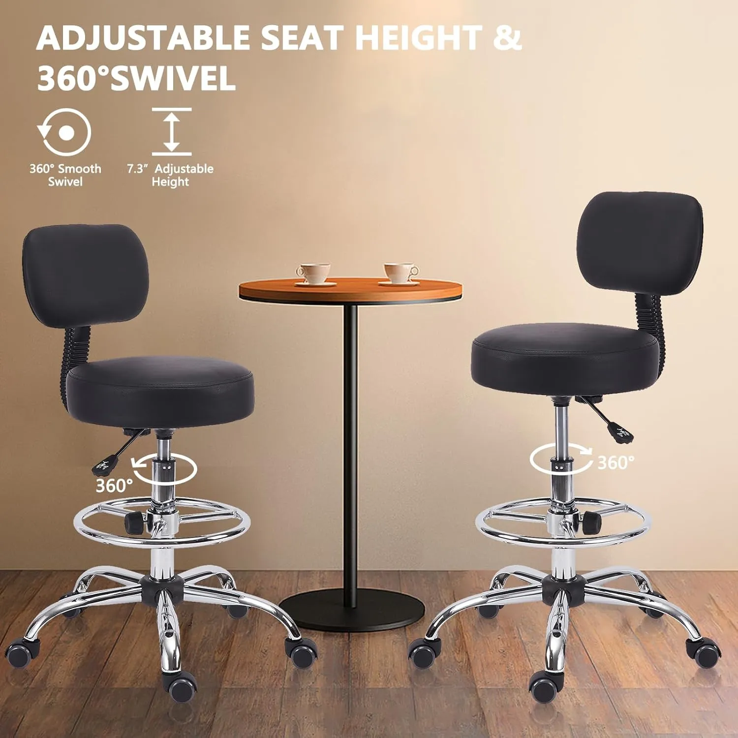 Drafting Chair with Backrest, Adjustable Foot Rest Height Rolling Stool with Wheels, Leather Swivel Work Shop Office Stools Chairs, Thick Seat Cushion Tall Kitchen Home Bar Stool - Black