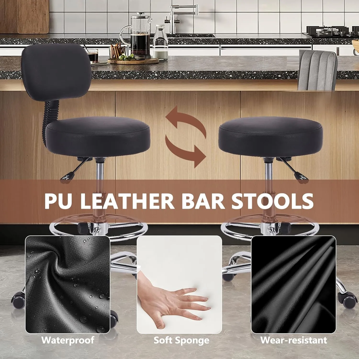 Drafting Chair with Backrest, Adjustable Foot Rest Height Rolling Stool with Wheels, Leather Swivel Work Shop Office Stools Chairs, Thick Seat Cushion Tall Kitchen Home Bar Stool - Black