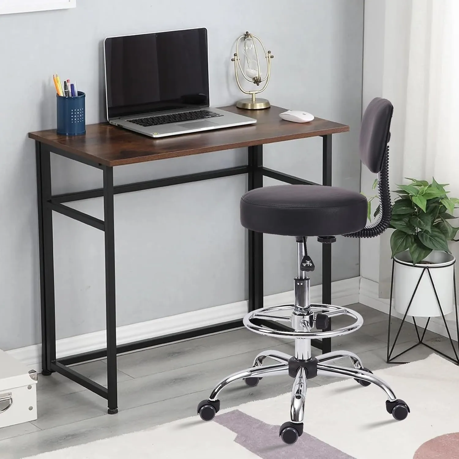 Drafting Chair with Backrest, Adjustable Foot Rest Height Rolling Stool with Wheels, Leather Swivel Work Shop Office Stools Chairs, Thick Seat Cushion Tall Kitchen Home Bar Stool - Black