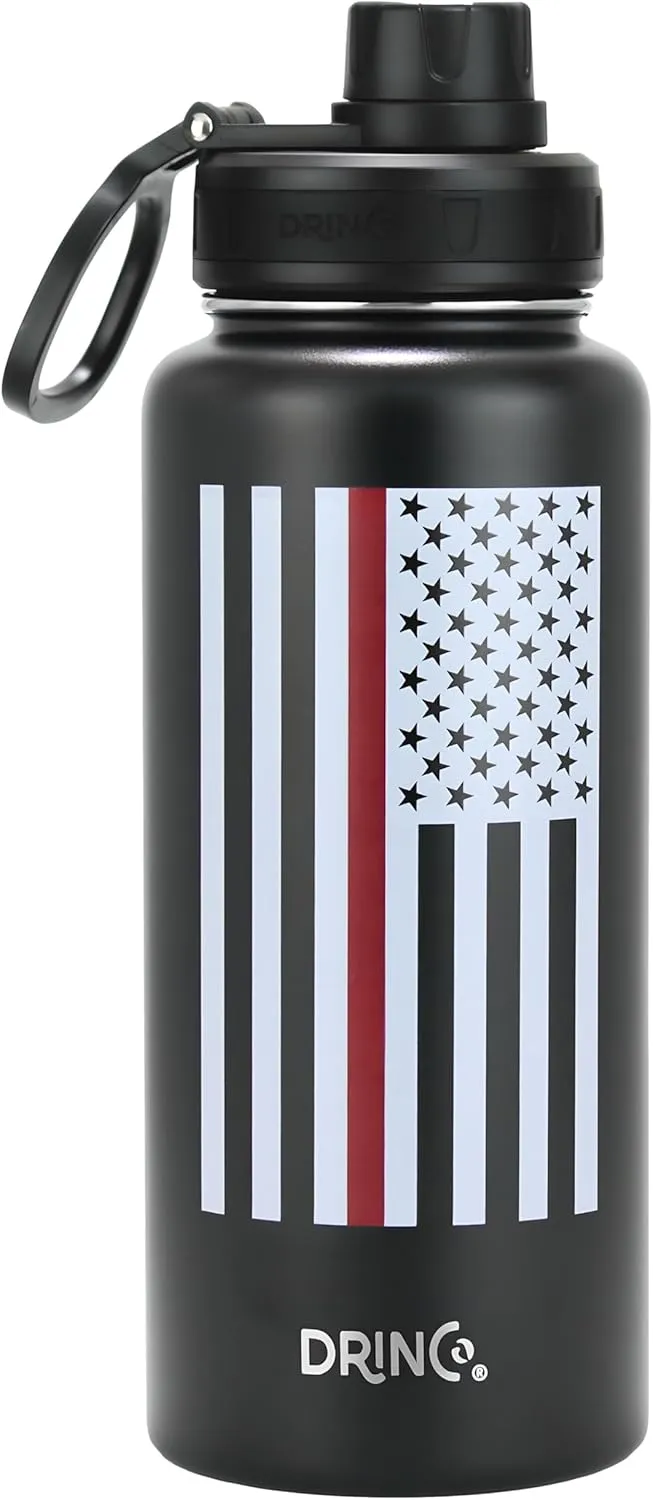 DRINCO Stainless Steel Water Bottle Spout Lid Vacuum Insulated Double Wall Water Bottle USA Flag Military Veteran (32oz Thin Red Black, 32oz)