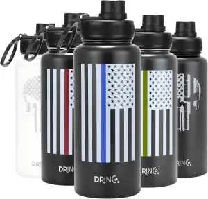 DRINCO Stainless Steel Water Bottle Spout Lid Vacuum Insulated Double Wall Water Bottle USA Flag Military Veteran (32oz Thin Red Black, 32oz)