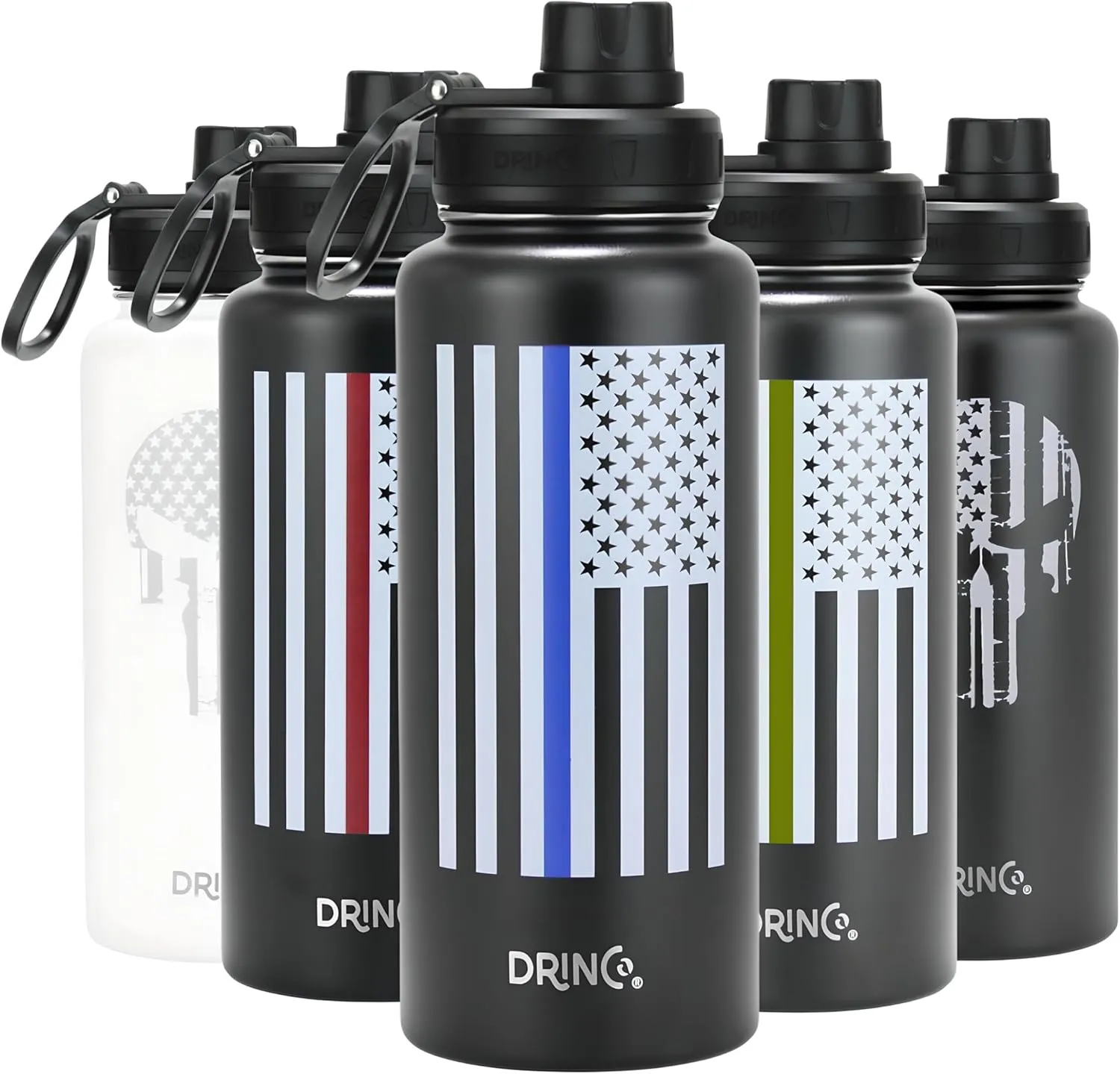 DRINCO Stainless Steel Water Bottle Spout Lid Vacuum Insulated Double Wall Water Bottle USA Flag Military Veteran (32oz Thin Red Black, 32oz)